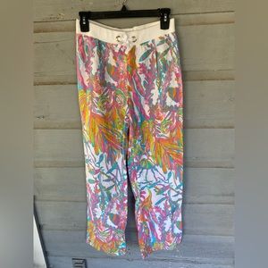 Lilly Pulitzer Girls White Pants with Pink, Turquoise & Yellow Floral Print